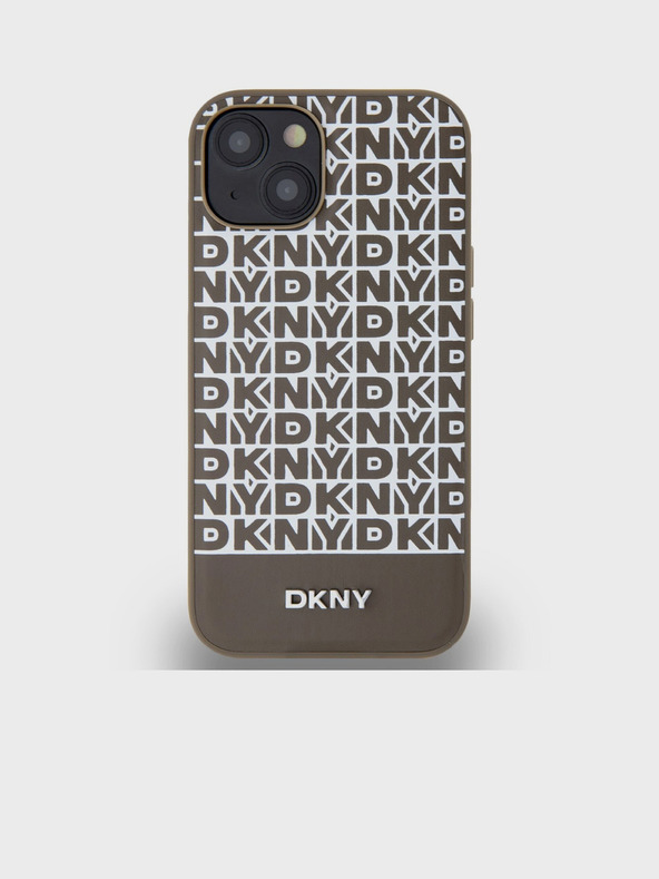 DKNY PU bőr Ismétlődő mintás alsó csíkos MagSafe hátlap iPhone 15-hez Barna DKNY