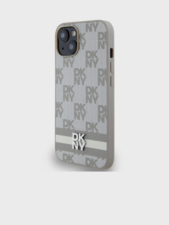 DKNY PU bőr kockás mintás és csíkos hátlapi borító iPhone 15 készülékhez Bézs DKNY DKNY