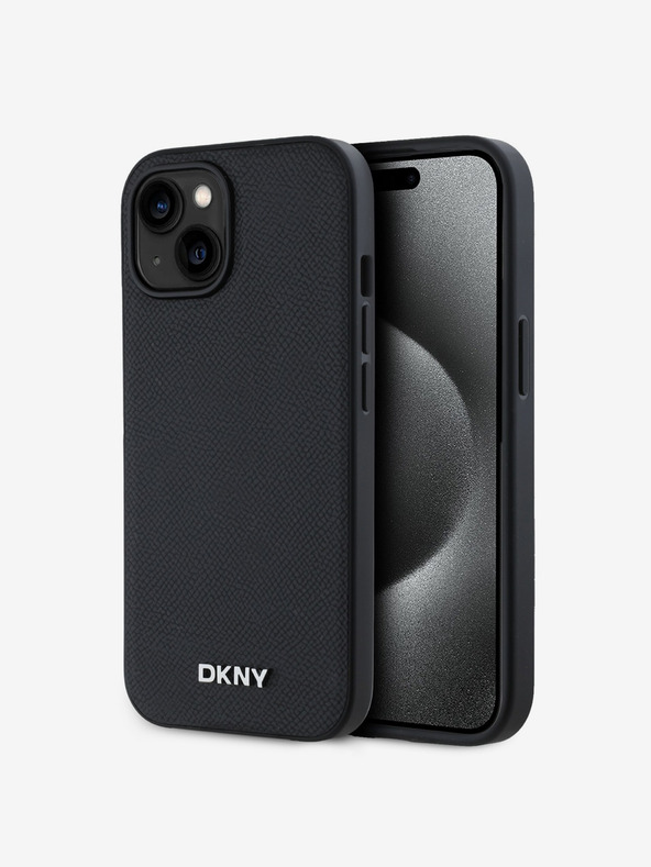 DKNY PU bőr ezüst fém logós Magsafe hátlap iPhone 14 készülékhez Fekete DKNY