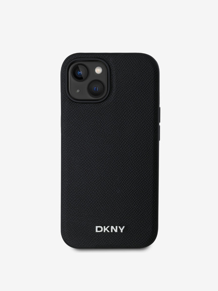 DKNY PU bőr ezüst fém logós Magsafe hátlap iPhone 14 készülékhez Fekete DKNY