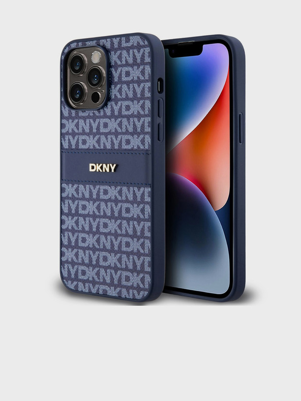 DKNY PU bőr ismétlődő mintás, tónusos csíkos hátlapi borító iPhone 14 Pro kék DKNY DKNY