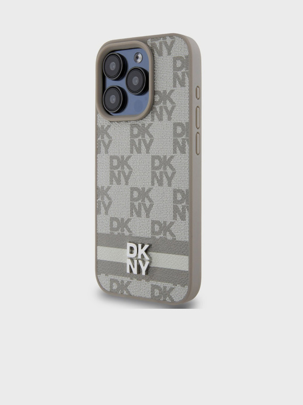 DKNY PU bőrből készült, kockás mintás és csíkos hátlapi borító iPhone 15 Pro bézs DKNY