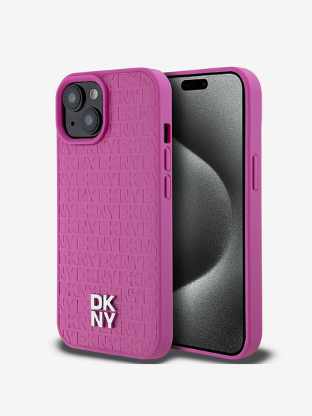 DKNY PU bőr Ismétlődő mintás Stack Logo Magsafe hátlap iPhone 15 rózsaszín DKNY