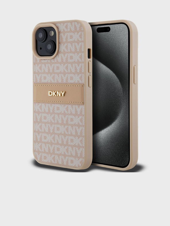DKNY PU bőr ismétlődő mintás, tónusos csíkos hátlap iPhone 15 rózsaszín DKNY