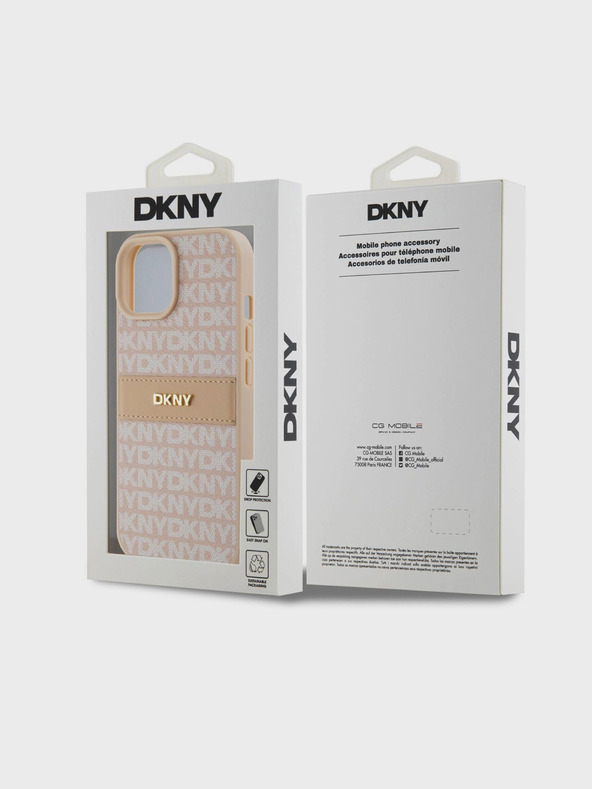 DKNY PU bőr ismétlődő mintás, tónusos csíkos hátlap iPhone 15 rózsaszín DKNY