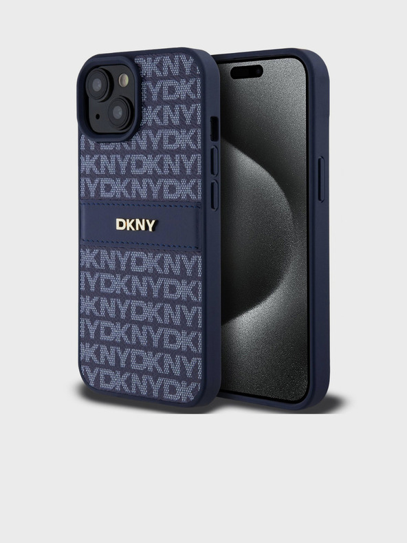 DKNY PU bőr ismétlődő mintás, tónusos csíkos hátlap iPhone 15 kék DKNY DKNY