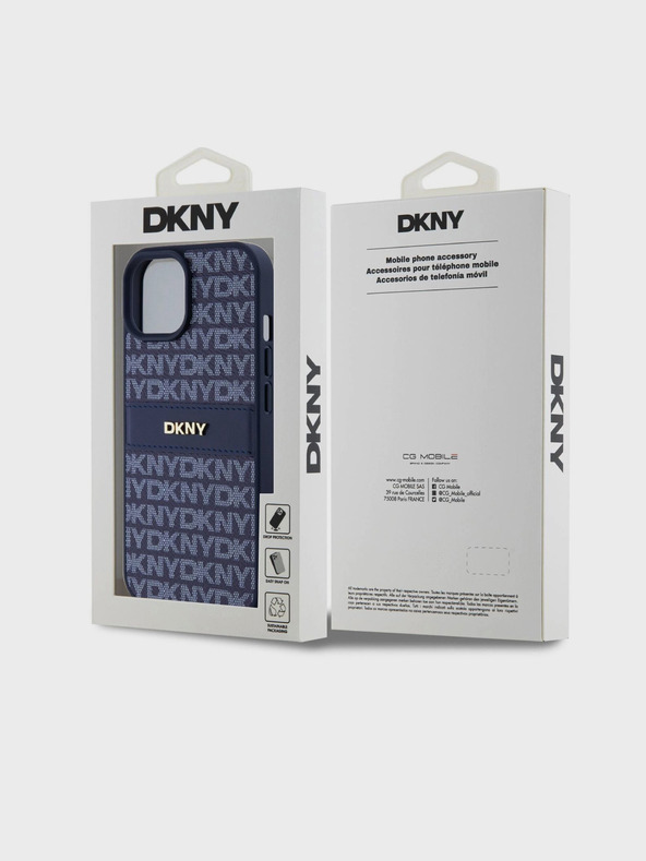 DKNY PU bőr ismétlődő mintás, tónusos csíkos hátlap iPhone 15 kék DKNY DKNY