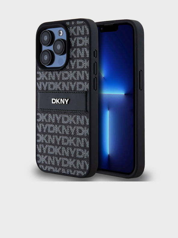 DKNY PU bőr ismétlődő mintás tonális csíkos hátlap iPhone 14 Pro Max fekete DKNY fekete DKNY