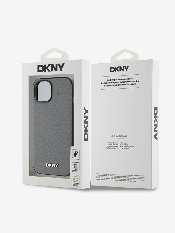 DKNY PU bőr ezüst fém logós Magsafe hátlap iPhone 14 készülékhez Szürke DKNY