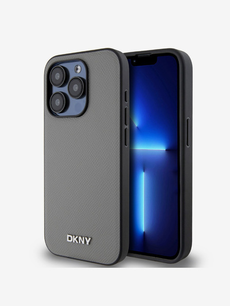 DKNY PU bőr ezüst fém logós Magsafe hátlap iPhone 14 Pro szürke DKNY szürke iPhone 14 Pro-hoz