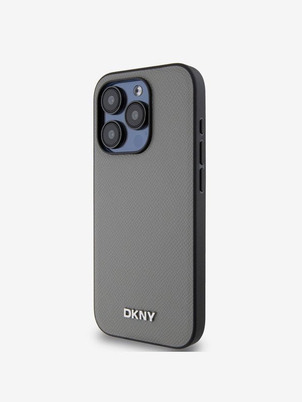 DKNY PU bőr ezüst fém logós Magsafe hátlap iPhone 14 Pro szürke DKNY szürke iPhone 14 Pro-hoz