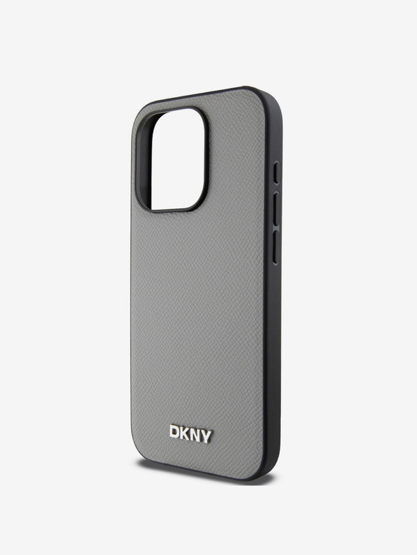 DKNY PU bőr ezüst fém logós Magsafe hátlap iPhone 14 Pro szürke DKNY szürke iPhone 14 Pro-hoz