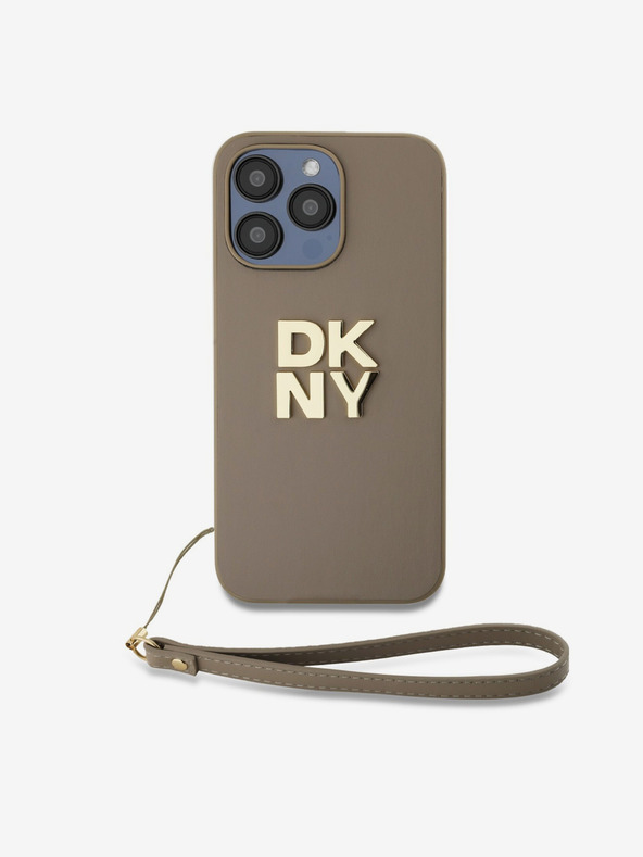 DKNY PU bőr Stack Logo csuklópánt hátlap iPhone 14 Pro Max bézs DKNY