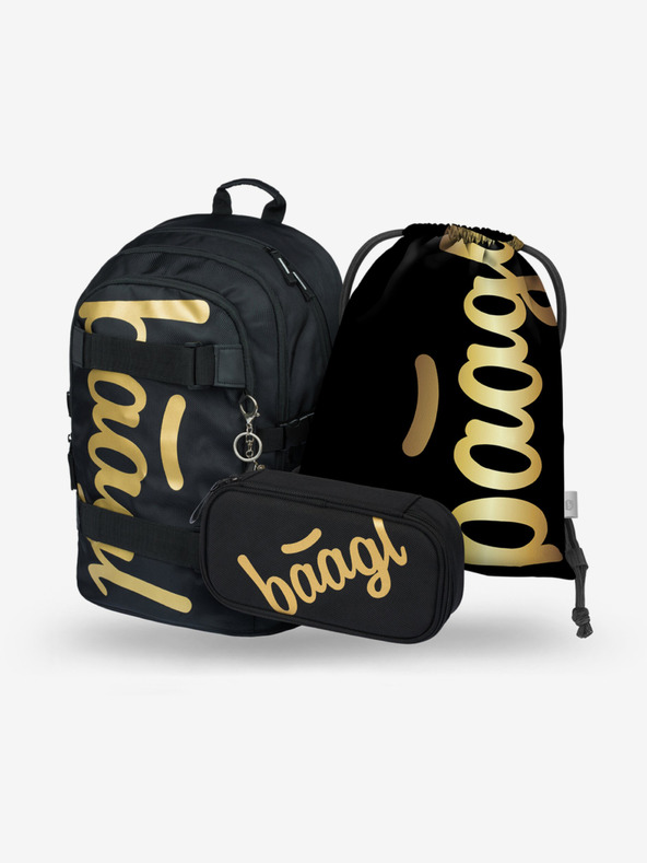 BAAGL  Fekete iskolai szett - hátizsák, tolltartó és táska Baagl Skate Gold Skate Gold