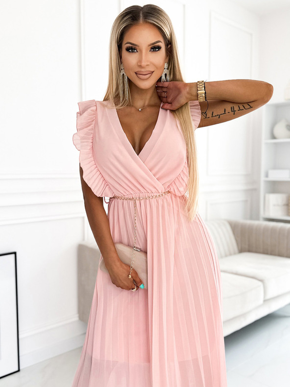 numoco GIORGIA Fodros rakott ruha fodrokkal, szívecskés nyakkivágással és arany lánccal - barack Numoco