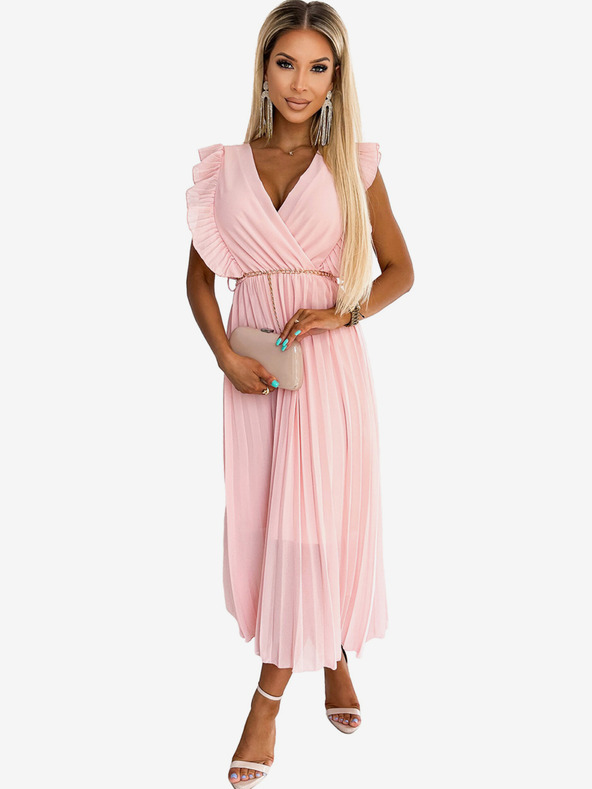 numoco GIORGIA Fodros rakott ruha fodrokkal, szívecskés nyakkivágással és arany lánccal - barack Numoco