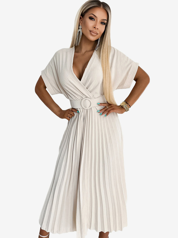 numoco FELICIA Fodros midi ruha, szív alakú nyakkivágással és széles övvel - bézs Numoco