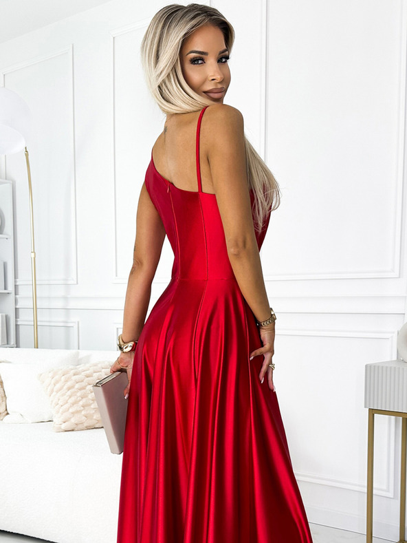 numoco Elegáns hosszú, szatén, egyvállú ruha - piros Numoco Numoco