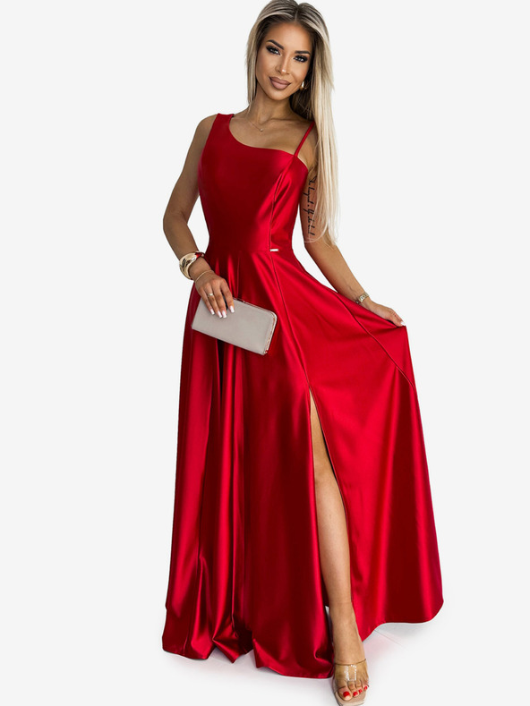 numoco Elegáns hosszú, szatén, egyvállú ruha - piros Numoco Numoco