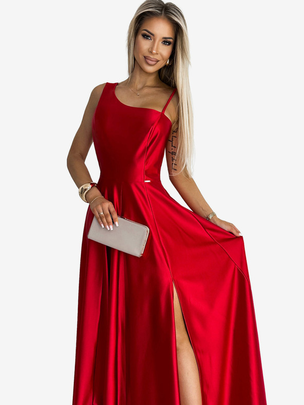 numoco Elegáns hosszú, szatén, egyvállú ruha - piros Numoco Numoco