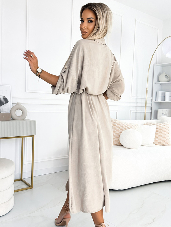 numoco Midi ingvállas ruha arany gombokkal és nyakkendővel - bézs Numoco