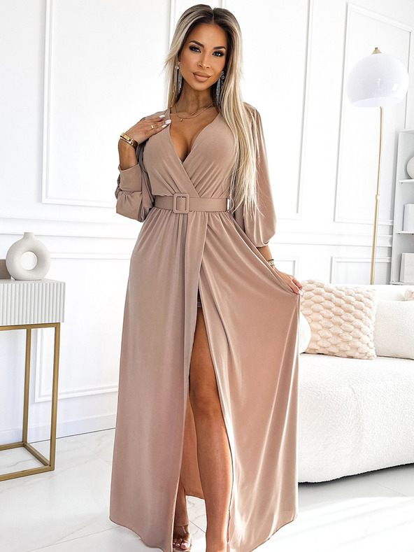 numoco FIORELLA Hosszú ruha széles övvel és nyakkivágással - bézs Numoco