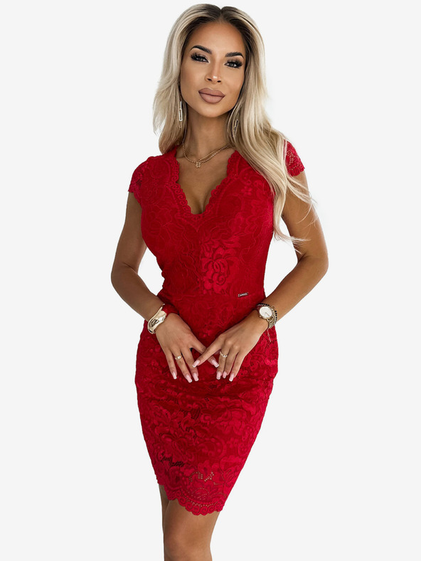 numoco Rövid ujjú csipkeruha szív alakú nyakkivágással - piros Numoco