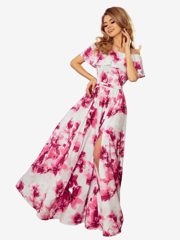 numoco Hosszú ruha fodrokkal - nagy rózsaszín virágok Numoco