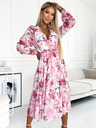 numoco Sifon midi ruha hosszú ujjakkal és nyakkivágással - világos rózsaszín virágok fehér alapon Numoco