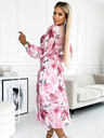 numoco Sifon midi ruha hosszú ujjakkal és nyakkivágással - világos rózsaszín virágok fehér alapon Numoco