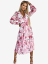 numoco Sifon midi ruha hosszú ujjakkal és nyakkivágással - világos rózsaszín virágok fehér alapon Numoco