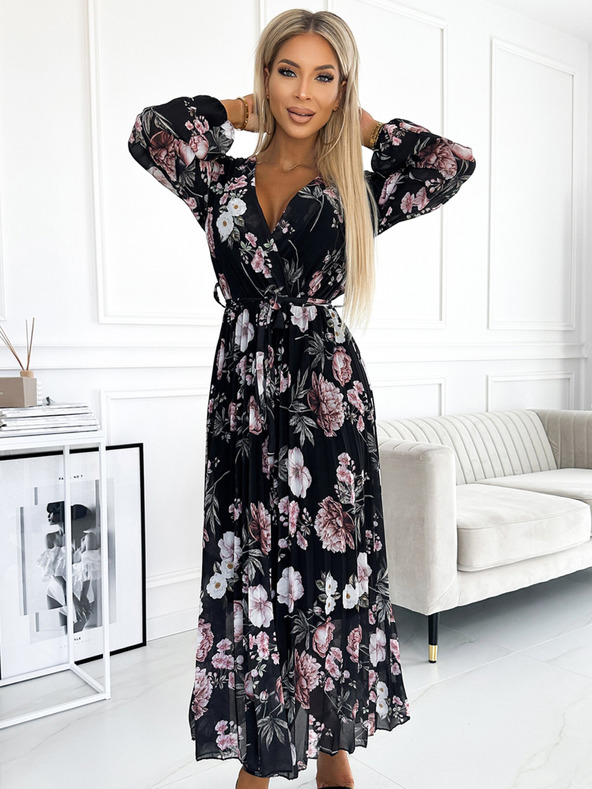 numoco Fodros midi ruha nyakkivágással, hosszú ujjakkal és derék megkötővel - fekete, rózsaszín virágokkal Numoco