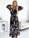 numoco Fodros midi ruha nyakkivágással, hosszú ujjakkal és derék megkötővel - fekete, rózsaszín virágokkal Numoco