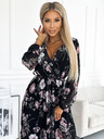 numoco Fodros midi ruha nyakkivágással, hosszú ujjakkal és derék megkötővel - fekete, rózsaszín virágokkal Numoco
