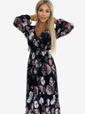 numoco Fodros midi ruha nyakkivágással, hosszú ujjakkal és derék megkötővel - fekete, rózsaszín virágokkal Numoco