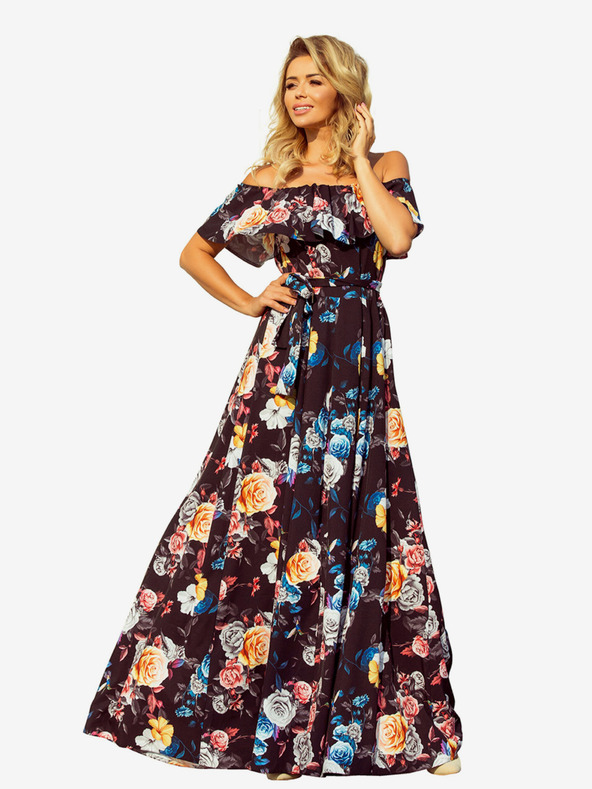 numoco Hosszú ruha fodrokkal - fekete + színes virágok Numoco