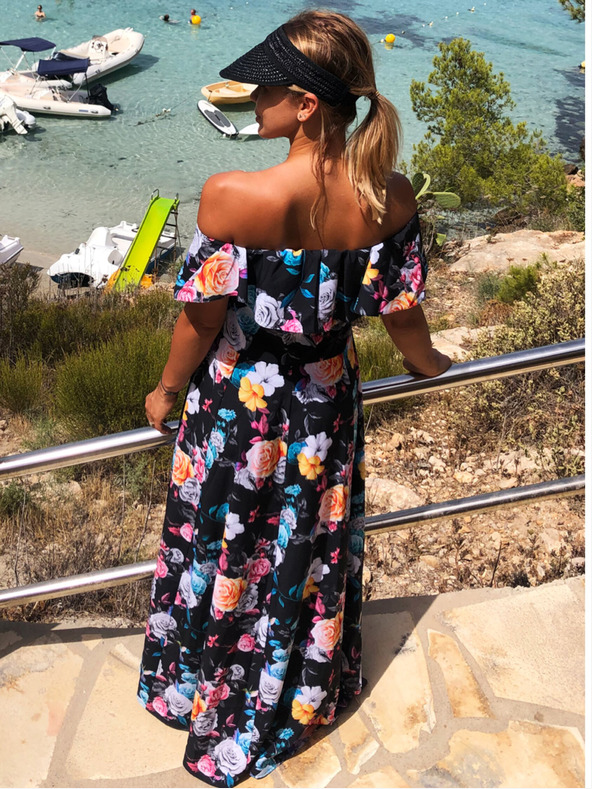 numoco Hosszú ruha fodrokkal - fekete + színes virágok Numoco