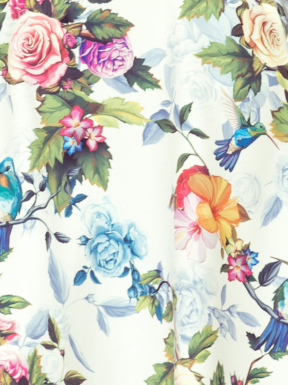 numoco Hosszú ruha fodros nyakkivágással - színes rózsák és kék madarak Numoco