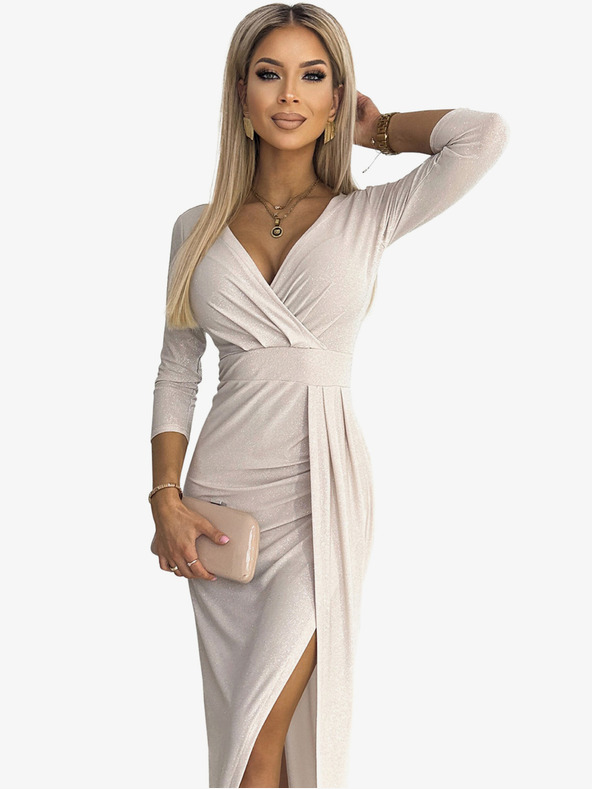 numoco Csillámos ruha nyakkivágással és lábszárrésszel - bézs Numoco Numoco