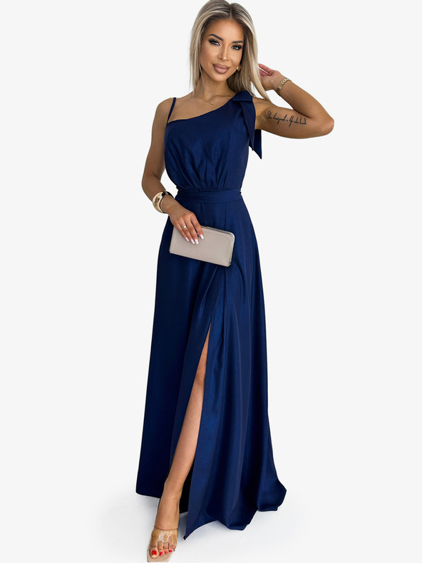 numoco Hosszú, fényes, egyvállú ruha masnival - sötétkék Numoco