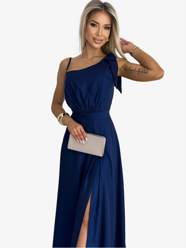 numoco Hosszú, fényes, egyvállú ruha masnival - sötétkék Numoco
