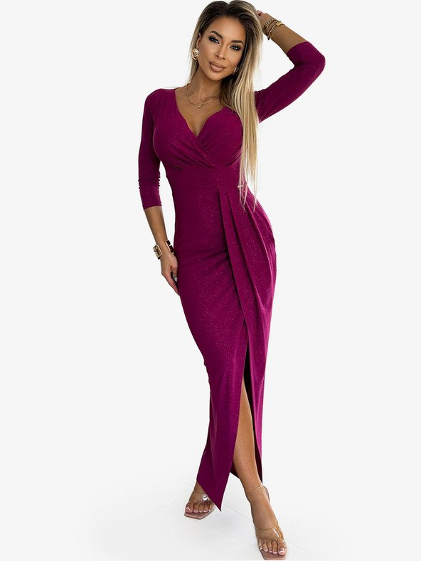 numoco Fényes ruha nyakkivágással és lábszárrésszel - fukszia csillámokkal Numoco