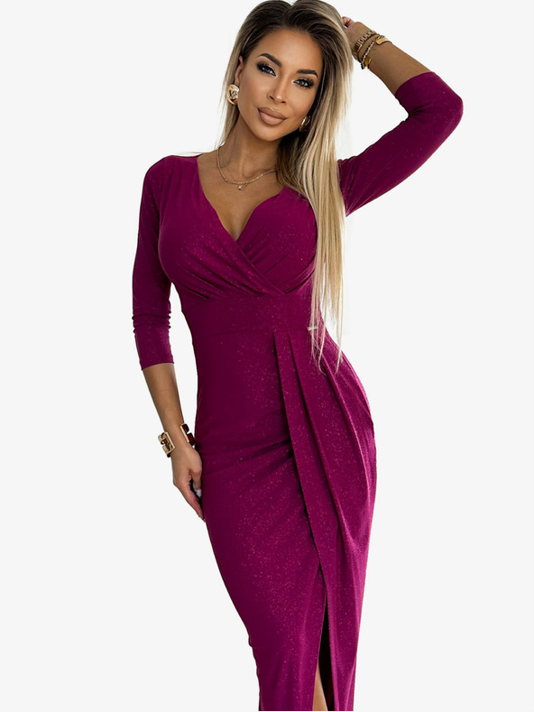 numoco Fényes ruha nyakkivágással és lábszárrésszel - fukszia csillámokkal Numoco