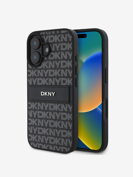 DKNY DKNY PU bőr ismétlődő mintás tonális csíkos hátlapi borító iPhone 16-hoz Fekete