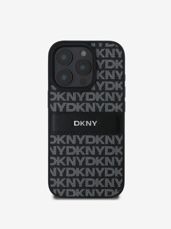 DKNY DKNY PU-bőr ismétlődő mintás, tónusos csíkos hátlapi borító iPhone 16 Pro készülékhez Fekete