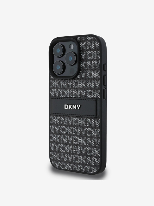 DKNY DKNY PU-bőr ismétlődő mintás, tónusos csíkos hátlapi borító iPhone 16 Pro készülékhez Fekete