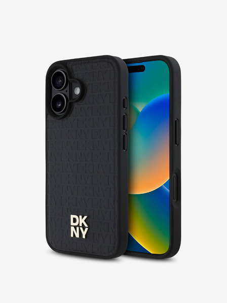 DKNY DKNY PU bőr ismétlődő mintás Stack Logo MagSafe hátlap iPhone 16-hoz Fekete