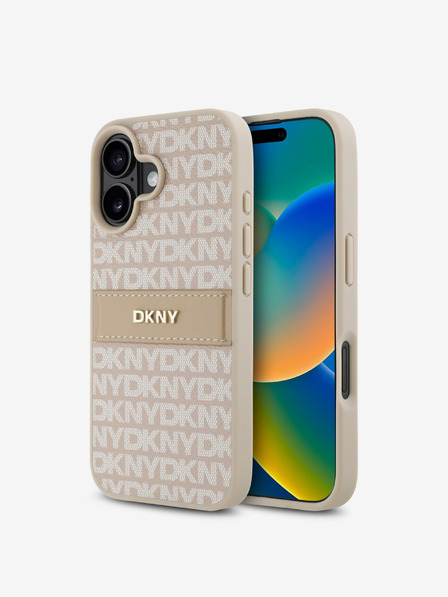 DKNY DKNY PU bőr ismétlődő mintás, tónusos csíkos hátlapi borító iPhone 16 Plus rózsaszínhez