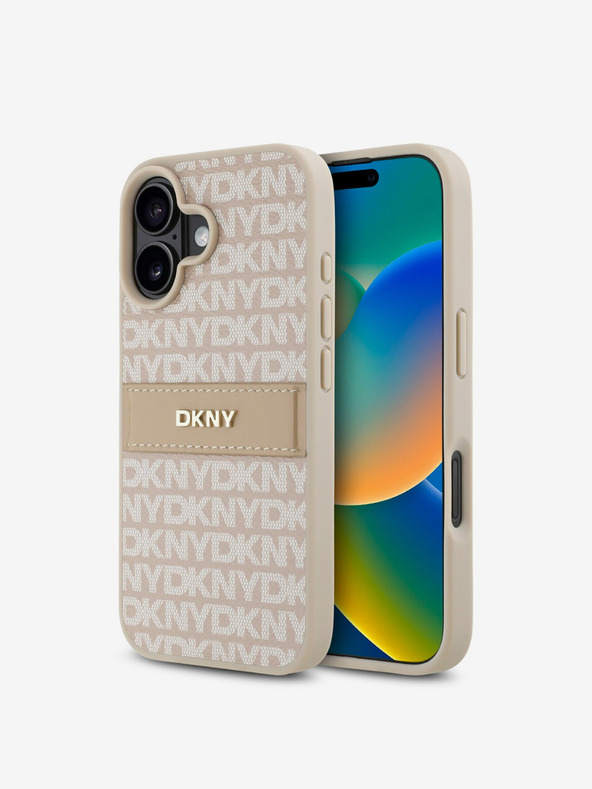 DKNY DKNY PU bőr ismétlődő mintás, tónusos csíkos hátlapi borító iPhone 16 Plus rózsaszínhez