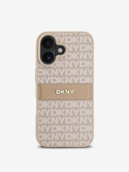 DKNY DKNY PU bőr ismétlődő mintás, tónusos csíkos hátlapi borító iPhone 16 Plus rózsaszínhez
